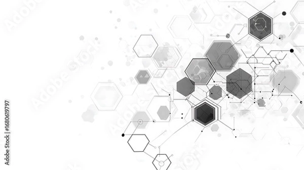Obraz High-Key Abstract Design: Hexagon & Line Network on White Background, Gray Tones, Data/Molecular Vibe