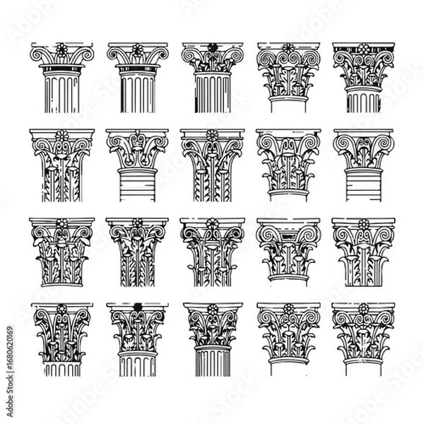 Fototapeta Collection of classical column capitals isolated on white