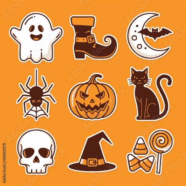 Fototapeta Halloween icons set with ghost, pumpkin, cat, skull, and candy