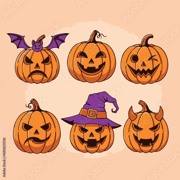 Fototapeta Collection of six carved pumpkins with various spooky faces and a witch hat