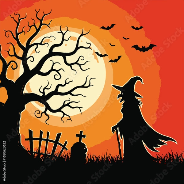 Fototapeta Halloween scene with witch, tree, and full moon at night