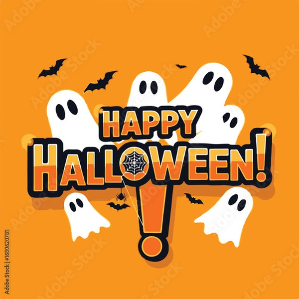 Fototapeta Happy halloween greeting with ghosts and bats on orange background