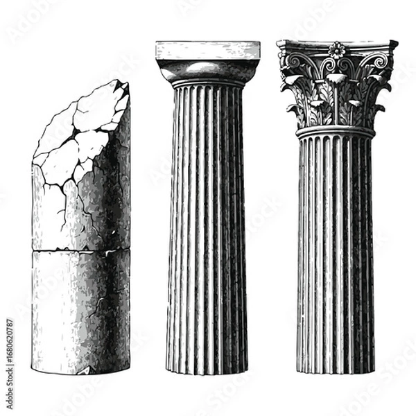 Fototapeta Three ancient greek column styles isolated on white background