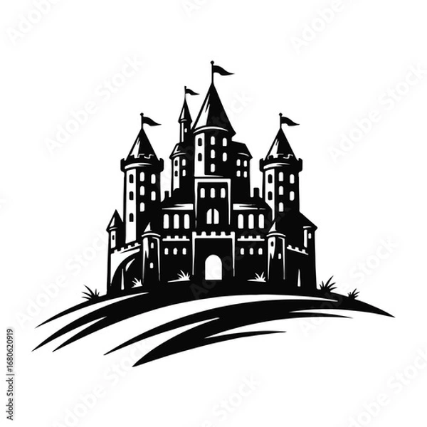 Fototapeta Fantasy castle with flags on a hill isolated on white background