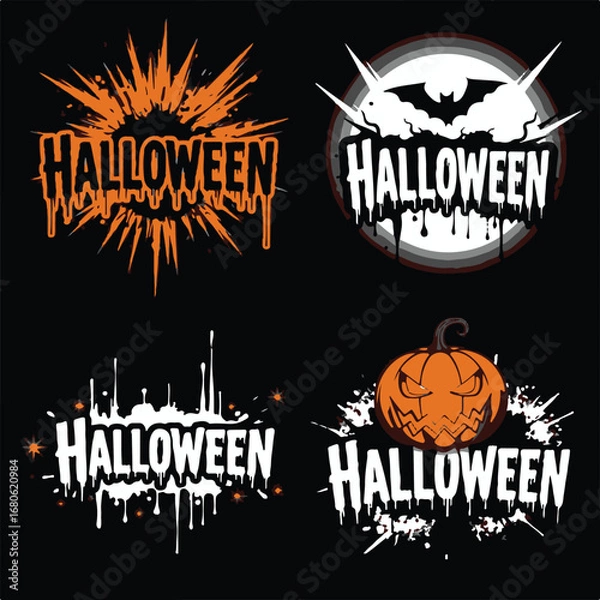 Fototapeta Collection of halloween text designs with pumpkins and bats, isolated on black