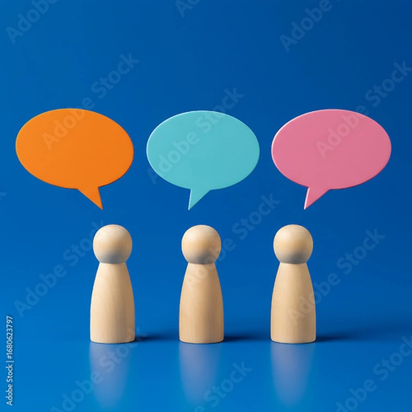 Fototapeta Three wooden figures stand beneath vibrant speech bubbles against a blue backdrop, symbolizing collaborative discussions and communication, ideas