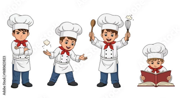 Fototapeta Set of cartoon illustrations of kids dressed as chefs in uniforms holding bowl, spoon, and rolling pin, symbolizing cooking, culinary arts, teamwork, food preparation, and career role play