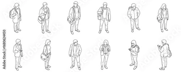 Fototapeta people standing in casual everyday poses, men and women characters, black ink line art vector illustration for architecture drawings and design projects