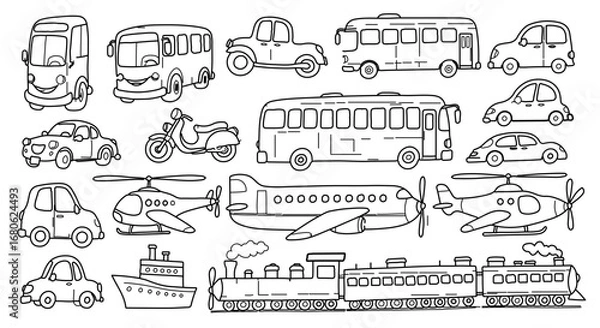 Fototapeta Vector icon set of black and white vehicles including cars, buses, trucks, motorcycles, bicycles, airplanes, ships, and trains