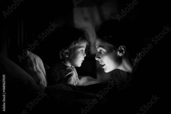 Fototapeta A mother and child whispering stories to each other by flashlight before bedtime. The mood feels secretive and magical, Generative AI 
