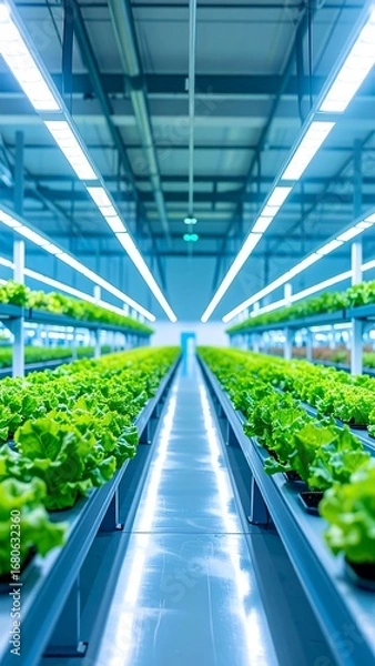 Fototapeta Interior view of a modern hydroponic farm.  Rows of lettuce plants under LED lights