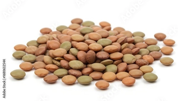 Obraz Close-up view of a pile of brown and green lentils on a white surface.