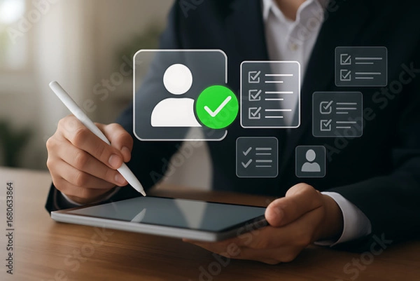 Fototapeta Business professional verifying user identity and completing digital checklist on tablet for secure online approval and task management