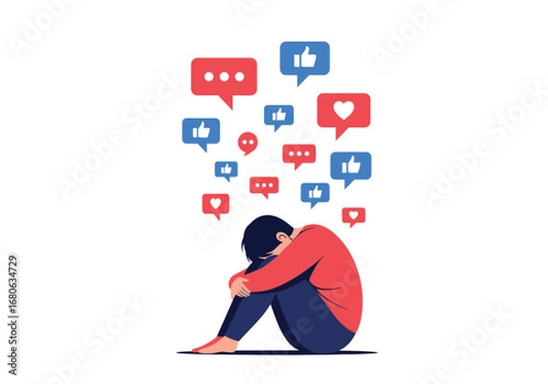 Fototapeta Social media pressure overwhelms a person with feelings of isolation and anxiety amidst constant notifications