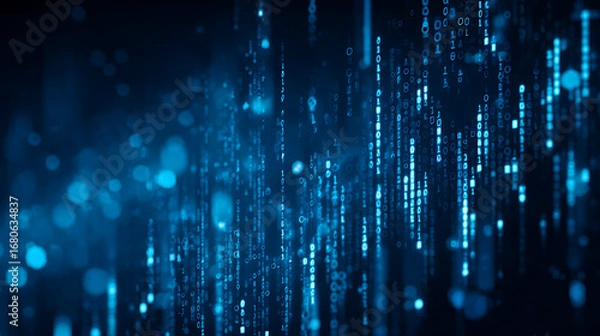 Fototapeta Abstract blue digital data streams cascading in a futuristic network