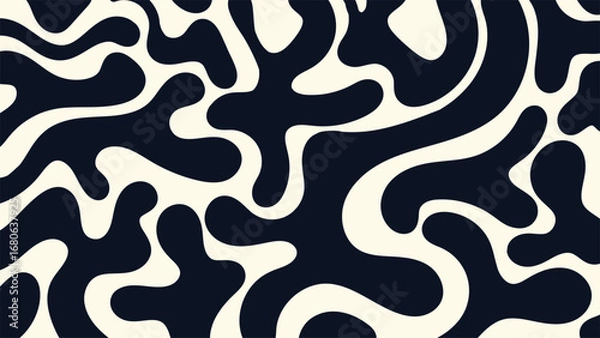 Fototapeta abstract background pattern with bold organic shapes in retro midcentury modern style in deep blue black and creamy white fluid texture perfect for wallpaper fabric and decor projects