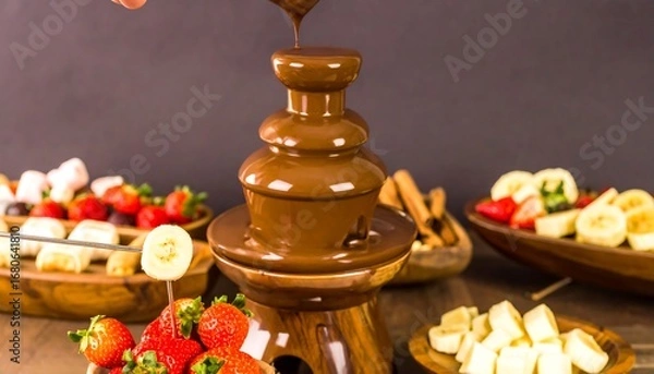 Fototapeta Melted chocolate cascading down a fountain, surrounded by fresh fruit and marshmallows ready for dipping