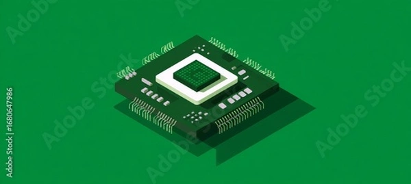Obraz Green color microchip hardware art illustration. Semiconductor system hardware. Generative AI technology.