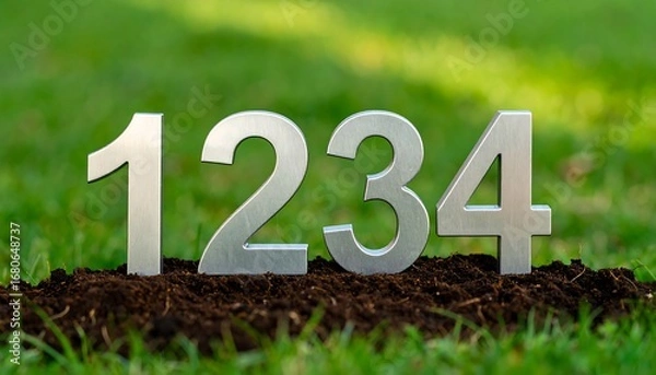 Fototapeta Metal numerals one through four stand in soil against a blurred green background