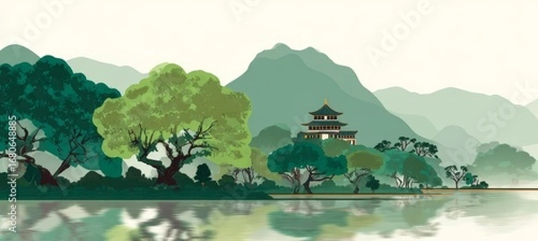 Obraz A shogun castle at riverside and mountain valley. Traditional oriental painting style background. Generative AI technology.	
