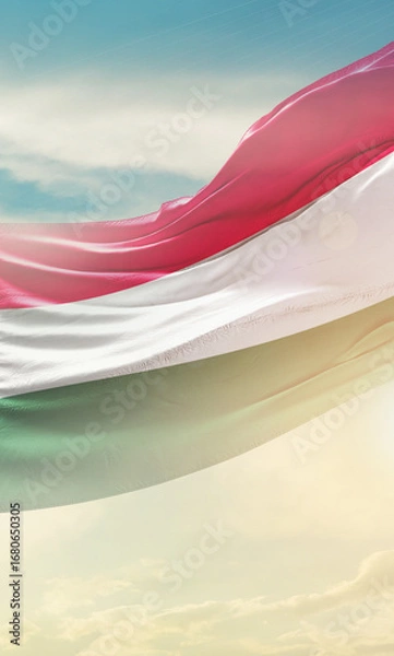 Fototapeta Hungary national flag poster. The flag waving in beautiful clouds with vertical layout. Hungary national flag for independence day.
