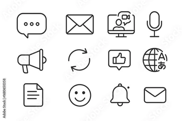 Fototapeta Remote Work Icons. Outline icon set of remote work communication tips: chat bubble, email icon, video call,