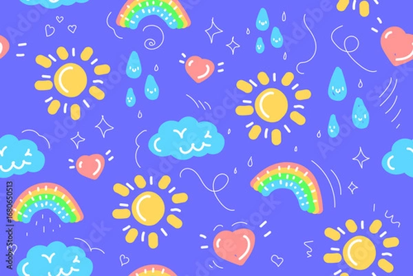 Obraz Cute childish pattern with sun and rainbow. Vector illustration of cloud and rain. Seamless pattern, cute design for textile, print, fabric. Hand-drawn background.