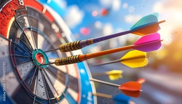 Fototapeta Colorful arrows hitting target bullseye with motion blur, concept of success