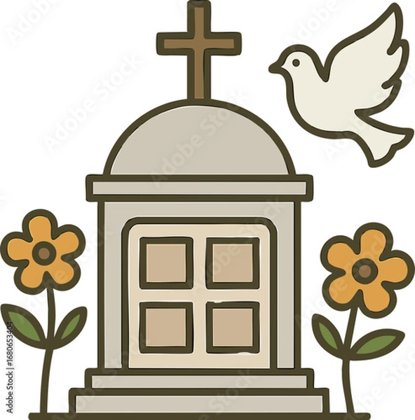Obraz 기념비,비둘기,꽃,추모,평화,교회,자연,베이지,납골당,무덤,묘지,죽음,건축,신앙,지붕,도안,건물