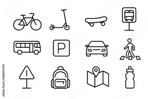 Fototapeta Campus Transportation Icons. Outline icon set of campus transportation: bicycle, scooter, skateboard, bus stop