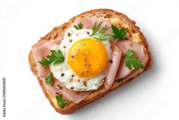 Fototapeta Appetizing open sandwich ham egg fried egg top view offers delicious start to any morning