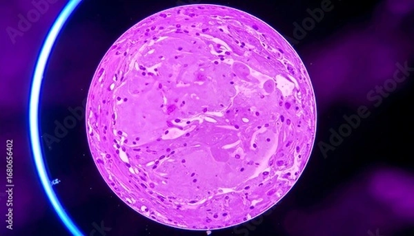 Fototapeta Microscopic view of a circular tissue sample, exhibiting a textured surface with varying shades of purple