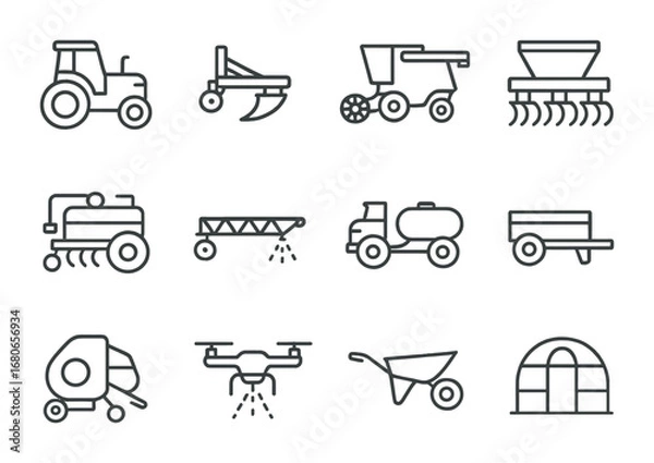Fototapeta Agricultural Machinery Icons. Outline icon set of agricultural machinery: tractor, plow, harvester, seeder,