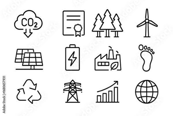 Fototapeta Carbon Offset Icons. Outline icon set of carbon offset and renewable credits: CO2 reduction icon, renewable