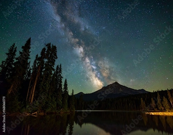 Fototapeta Milky Way galaxy arching over a still lake, reflected in the water, with a mountain and silhouetted trees