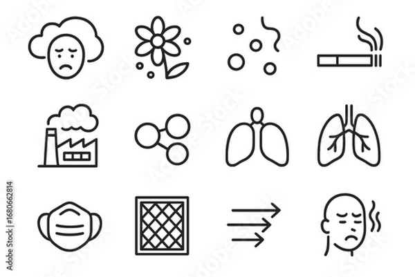 Obraz Environmental Breathing Icons. Outline icon set of environmental impact on breathing: smog, pollen, dust,