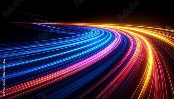 Fototapeta Long exposure of colorful light streaks diverging from the center in a dark environment