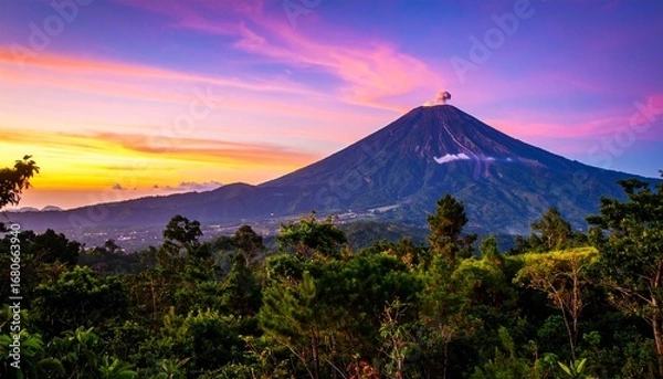 Fototapeta Majestic volcano in the distance with modern glossy style against a dramatic sky