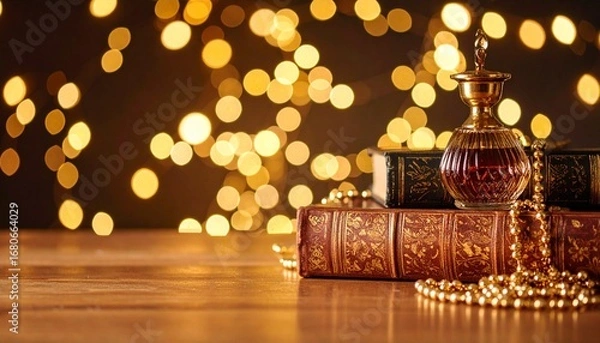 Fototapeta Cozy scene featuring a candle and book with sparkling style invoking relaxation and calm
