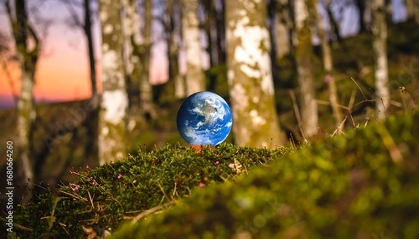 Fototapeta Miniature Earth nestled in mossy ground, set against a blurred backdrop of a birch forest at sunset