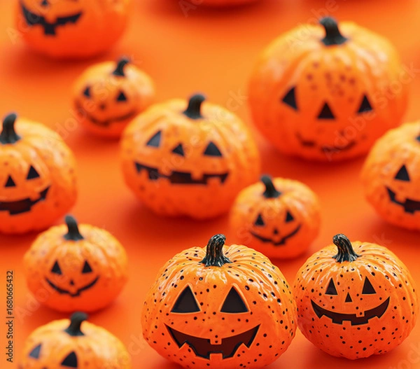 Fototapeta Festive pumpkin decor with smiling faces for a Halloween themed display and celebration