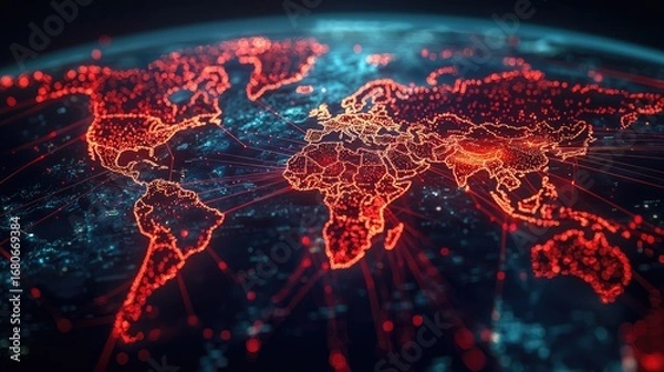 Fototapeta A world map with glowing red nodes representing cities and countries, connected by lines, set against a dark background.