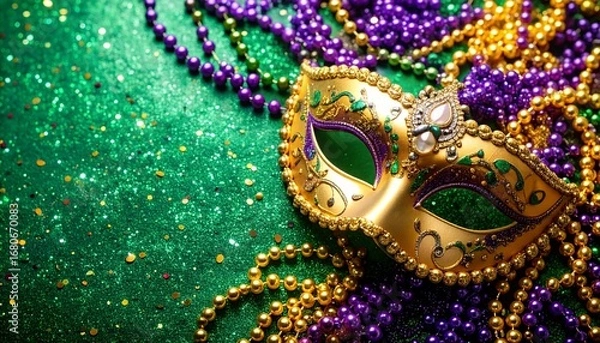 Fototapeta Intricately designed venetian carnival mask with beads surrounded by colorful mardi gras vibe