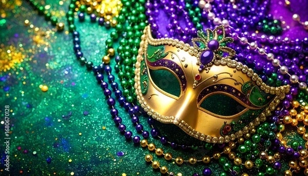 Fototapeta Ornate venetian carnival mask adorned with beads set against a colorful mardi gras backdrop