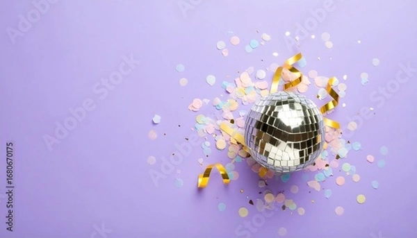 Fototapeta Mirrored ball rests on pastel purple background, surrounded by confetti and ribbon
