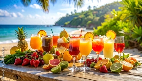 Fototapeta Vibrant table full of tropical drinks and fresh fruit in a bright beach setting
