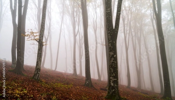 Fototapeta Misty autumn forest scene, showcasing tall, slender trees on a sloping ground covered in fallen leaves