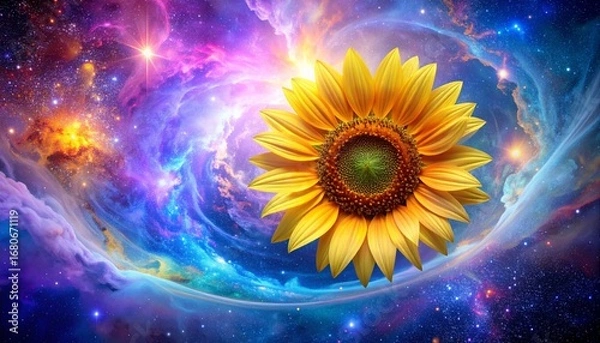 Fototapeta Cosmic sunflower glowing in the center of a swirling galaxy with pastel tones around