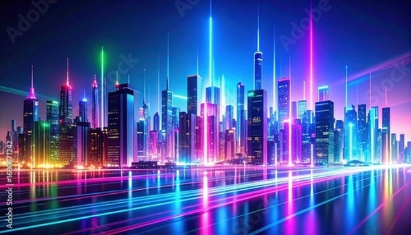Fototapeta Vibrant digital cityscape with colorful streaks of neon lights in blues, greens, and pinks