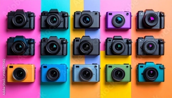 Fototapeta Vibrant flat lay of action cameras on colorful paper background with neon hues and details